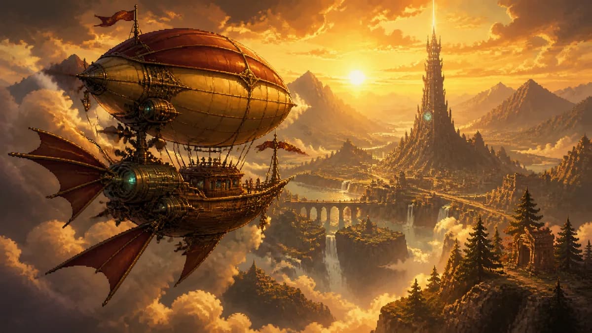 Steampunk-Luftschiff über einer fantastischen Berglandschaft