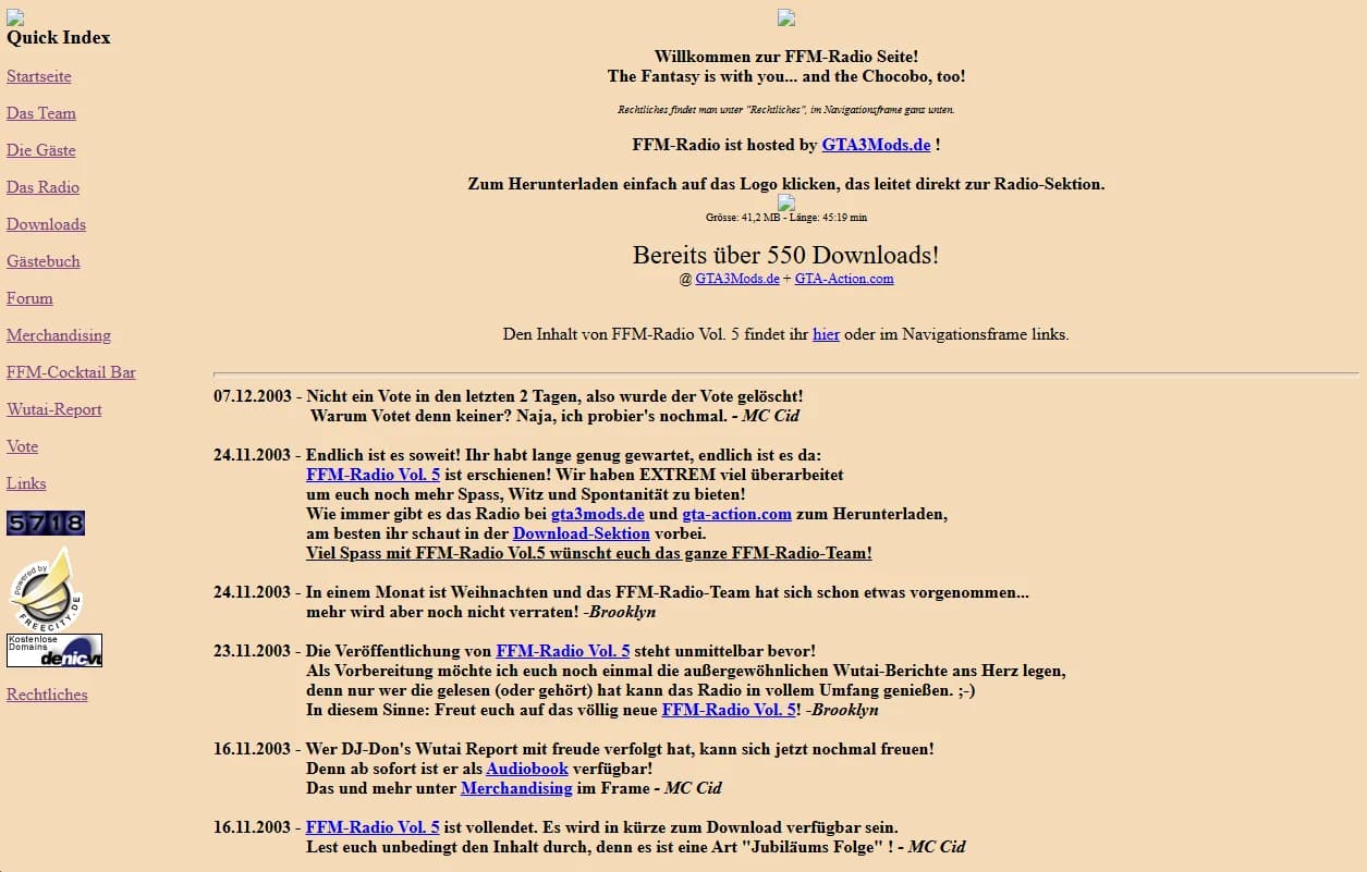 Früher Screenshot der FFM-Radio Startseite mit klassischer Navigation und hellem Layout